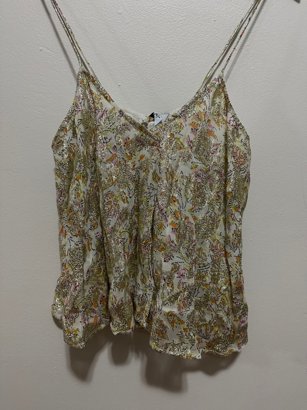 Zara Floral Metallic V‑Neck Spaghetti Strap Camisole - White, Gold, Pink, Yellow